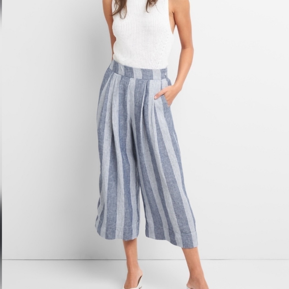 GAP Hi Rise Stripe Cropped Wide‎ Leg Linen Pants Lagenlook Vacation Clean Blue